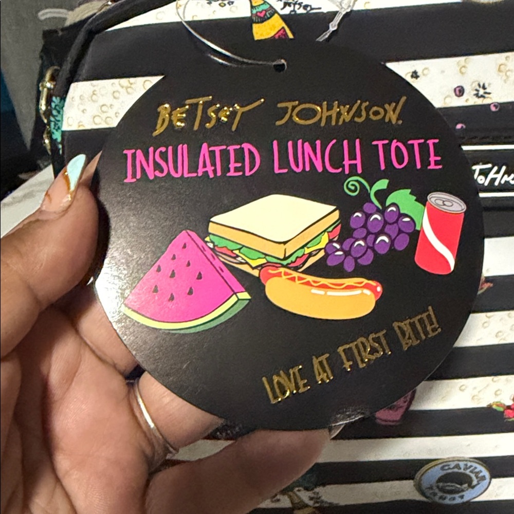 Betsey Johnson Black and White Striped Lunch Tote with Colorful Accents - Picture 6 of 7